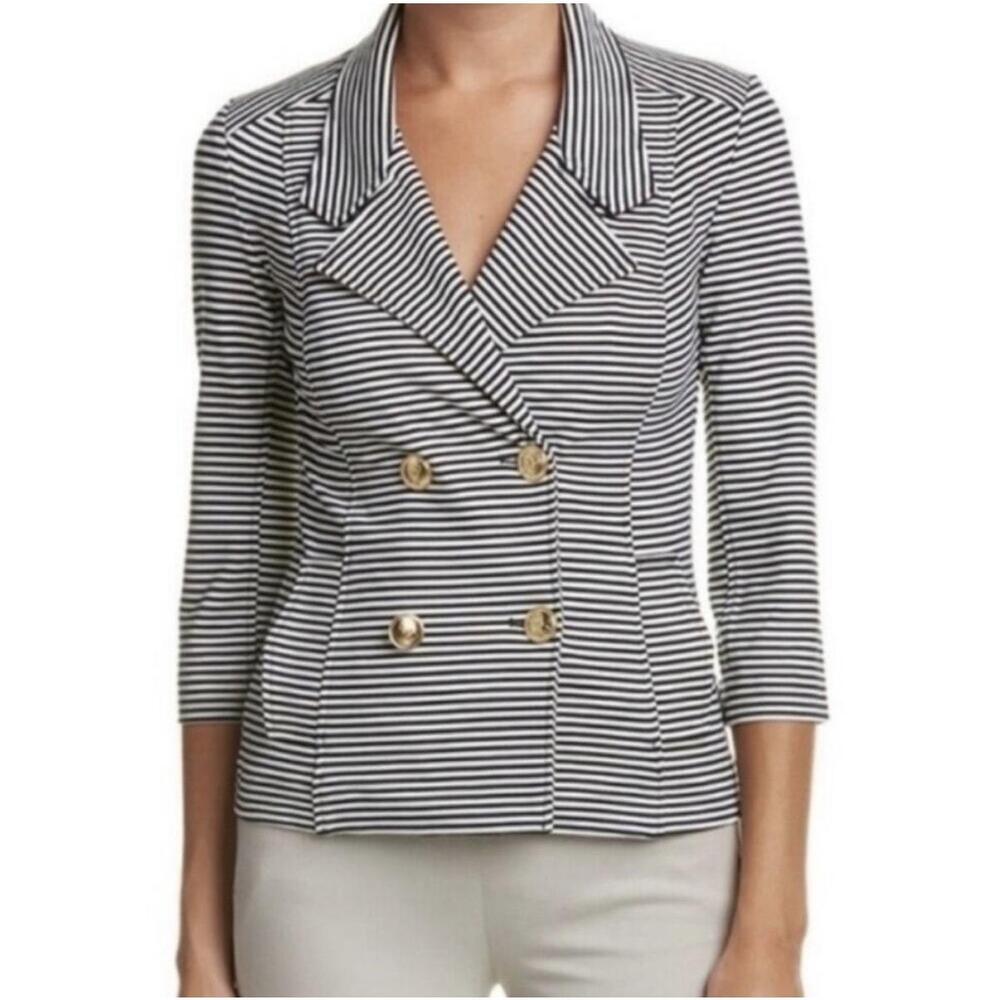 Cabi Life Jacket Style 823 Navy White Striped Gold Buttons Wide Lapel Blazer S
